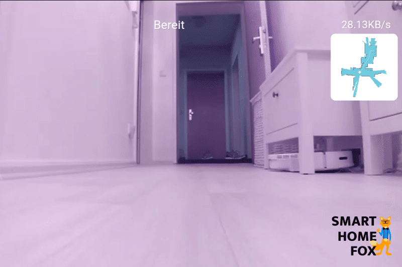 Roborock S6 MaxV показывает изображение открытой входной двери в мобильном приложении Арр